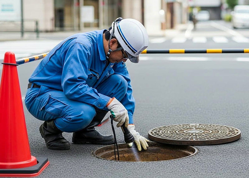 水道インフラの老朽化をチェックする作業員